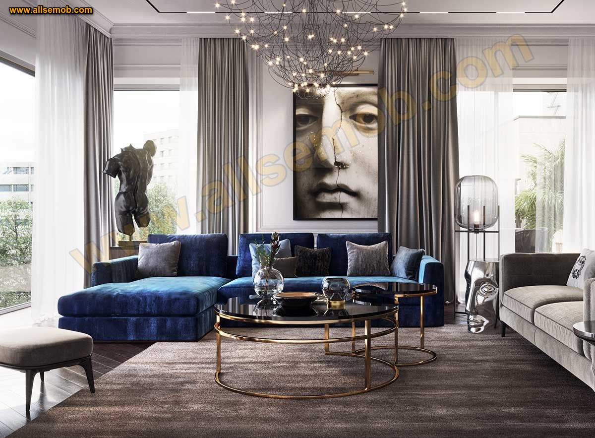 Mavi Gri Dekorasyon Modern Lüks Köşe Takımı Salon Oturma Odası Tasarımı