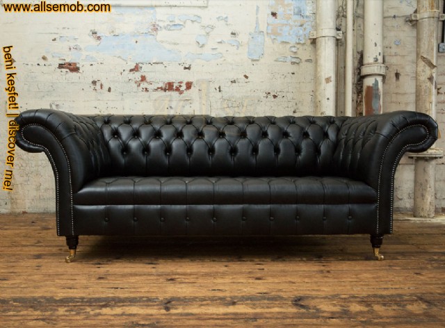 Deri Siyah Kruvaze Chesterfield Kanepe