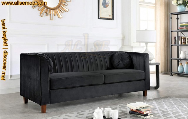 Siyah Modern Dilimli Chester Üçlü Kanepe